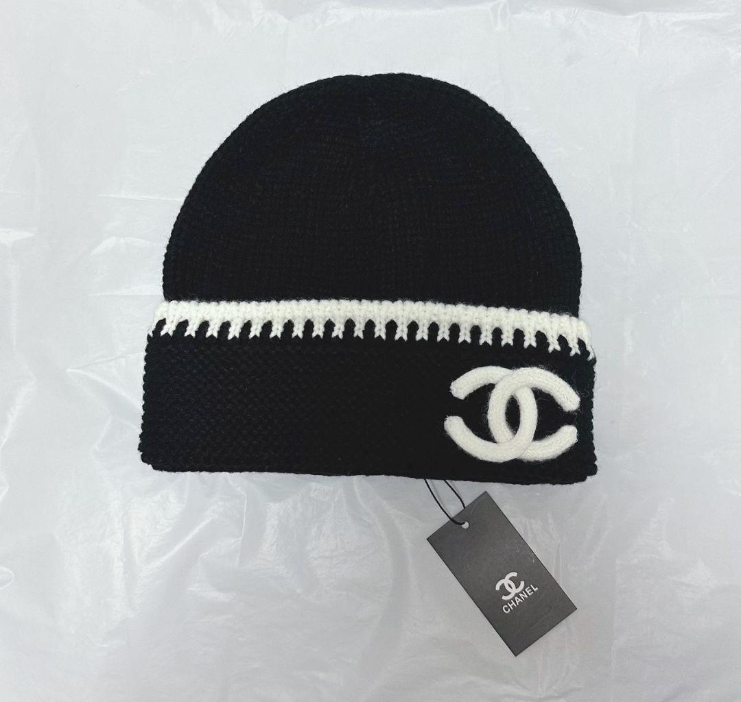 CHANEL ニット帽子ブラック 黒/白