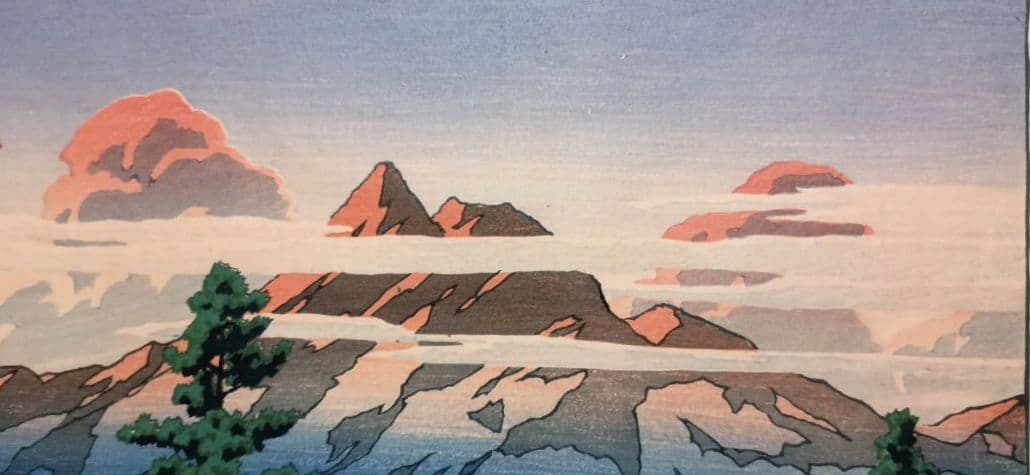 新版画新日本八景の内の肥前雲仙岳の1枚売り（大判)川瀬巴水画、昭和2年～3年出版