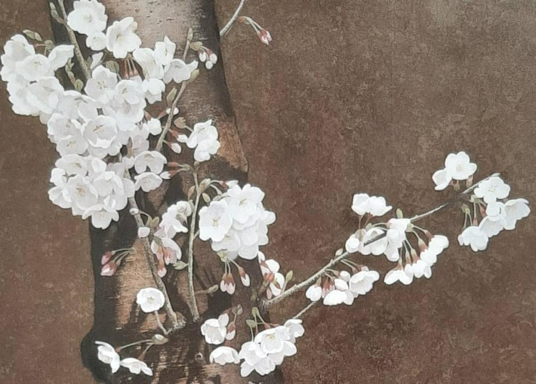 河合美江、「桜花」、希少画集の額装画、四季、風景、人気作品