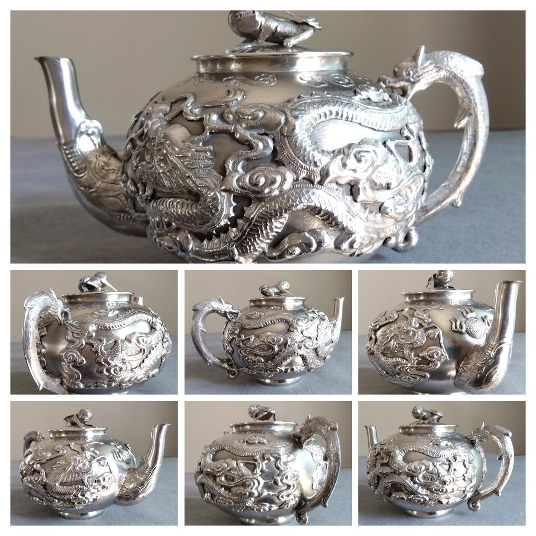 北京工芸品公司　銀製伝統雲龍紋唐獅子摘酒器　288gram高110長175mm
