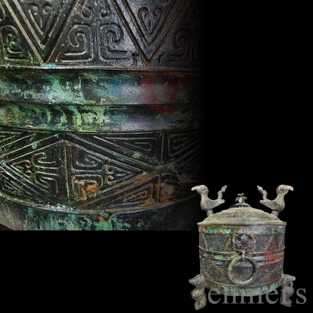 中国古美術【三鳳貯貝倉】漢代青銅銘文器皿 礼器 盛食器 純銅製 高浮彫 置物