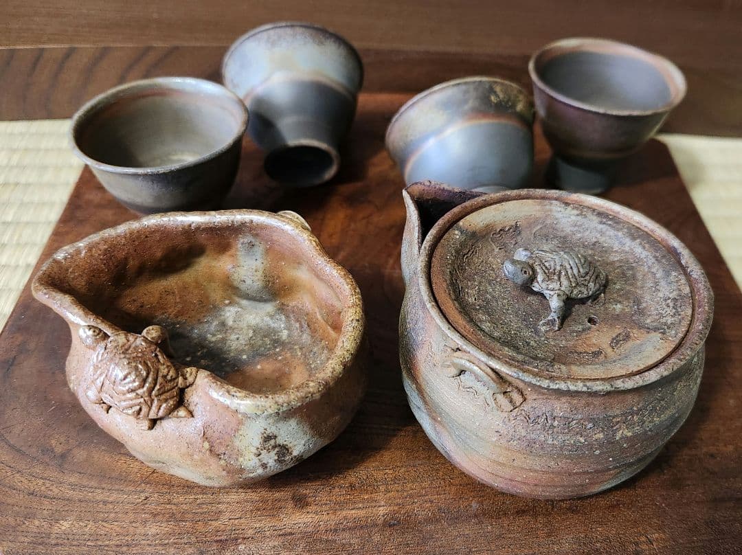 由*麻様 備前焼　宝瓶　蓋摘 及び 湯冷まし縁 亀 茶器　揃