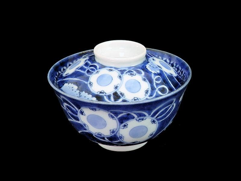 古伊万里　染付　鼓に調緒の図　蓋茶碗　江戸期　E213AS-CHl