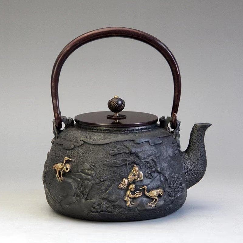 鋳鉄製黒色鉄瓶 鶴と人形の浮彫り 老鉄瓶 提梁壺★未塗装鉄器 1.3L