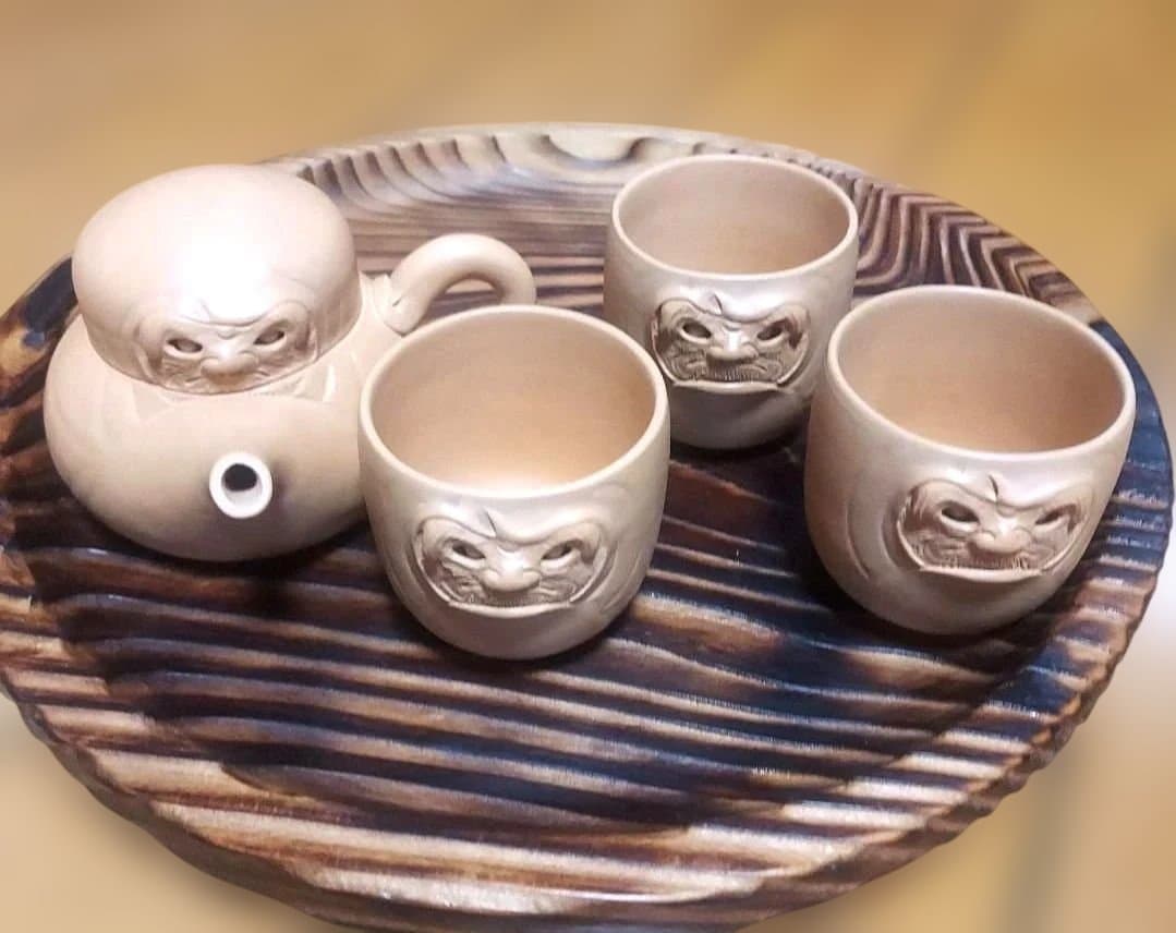 未使用　珍品　茶器　昭和レトロ　レア　からくり　民芸　秋田焼　道楽　達磨　4点