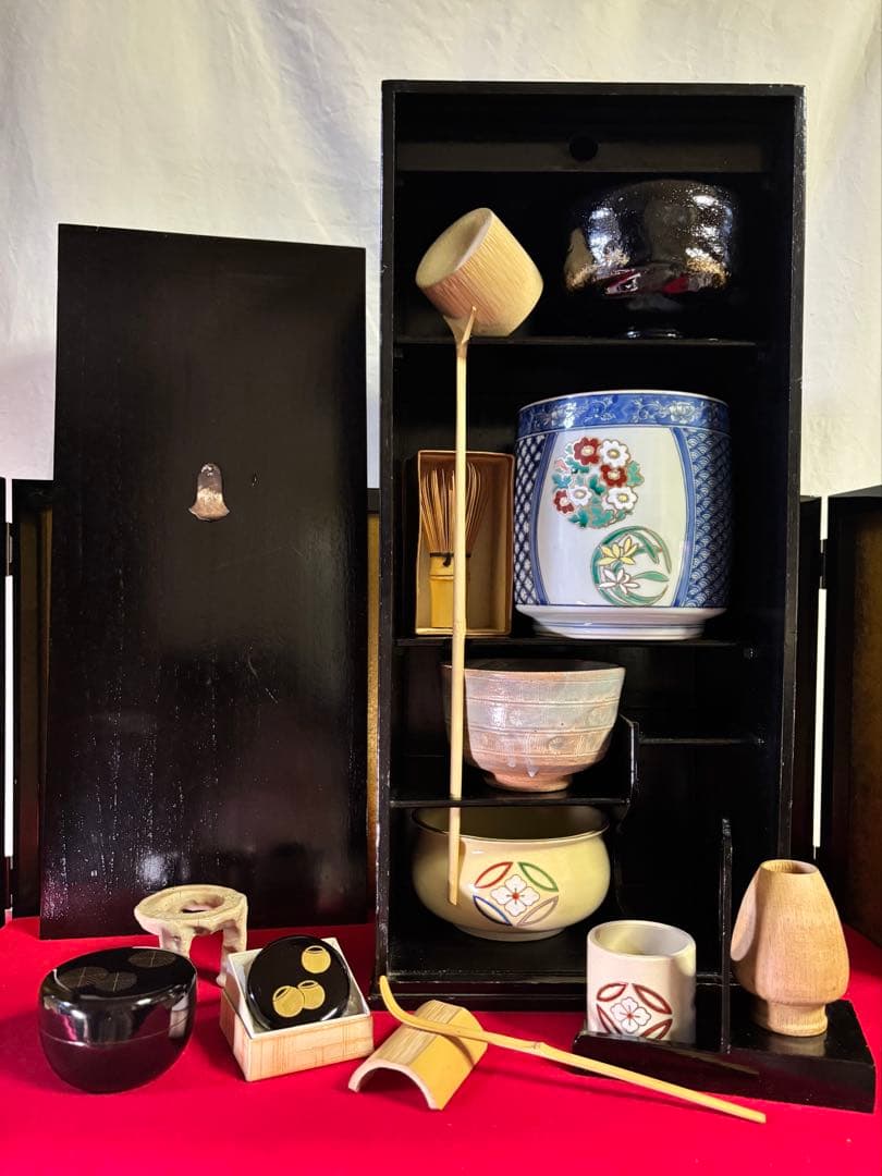 利久好み 黒漆 短冊箱 14点 水差 茶碗 建水 棗 柄杓 香合 五徳 茶道具