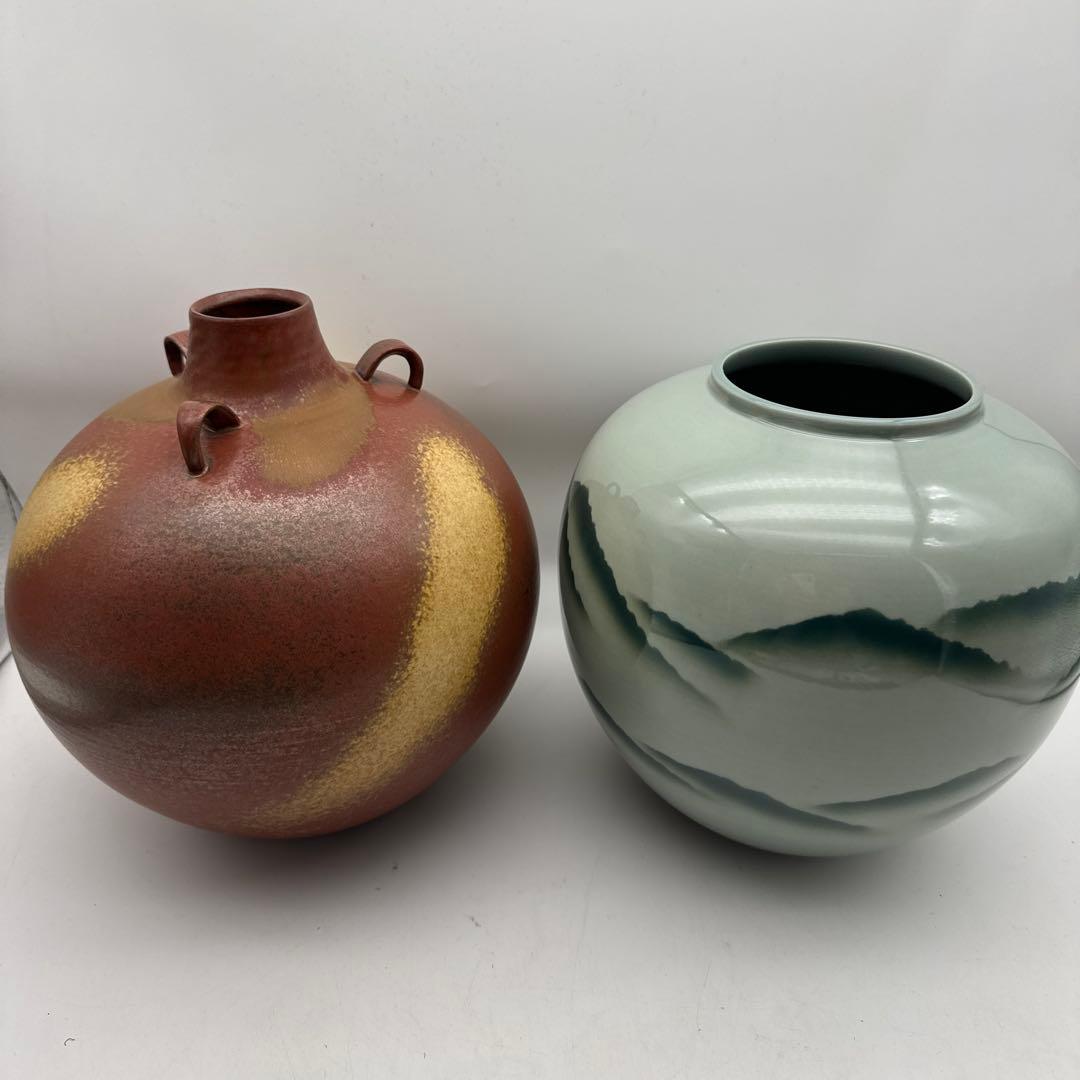 2点山模様の大きな陶器花瓶橘吉古董品