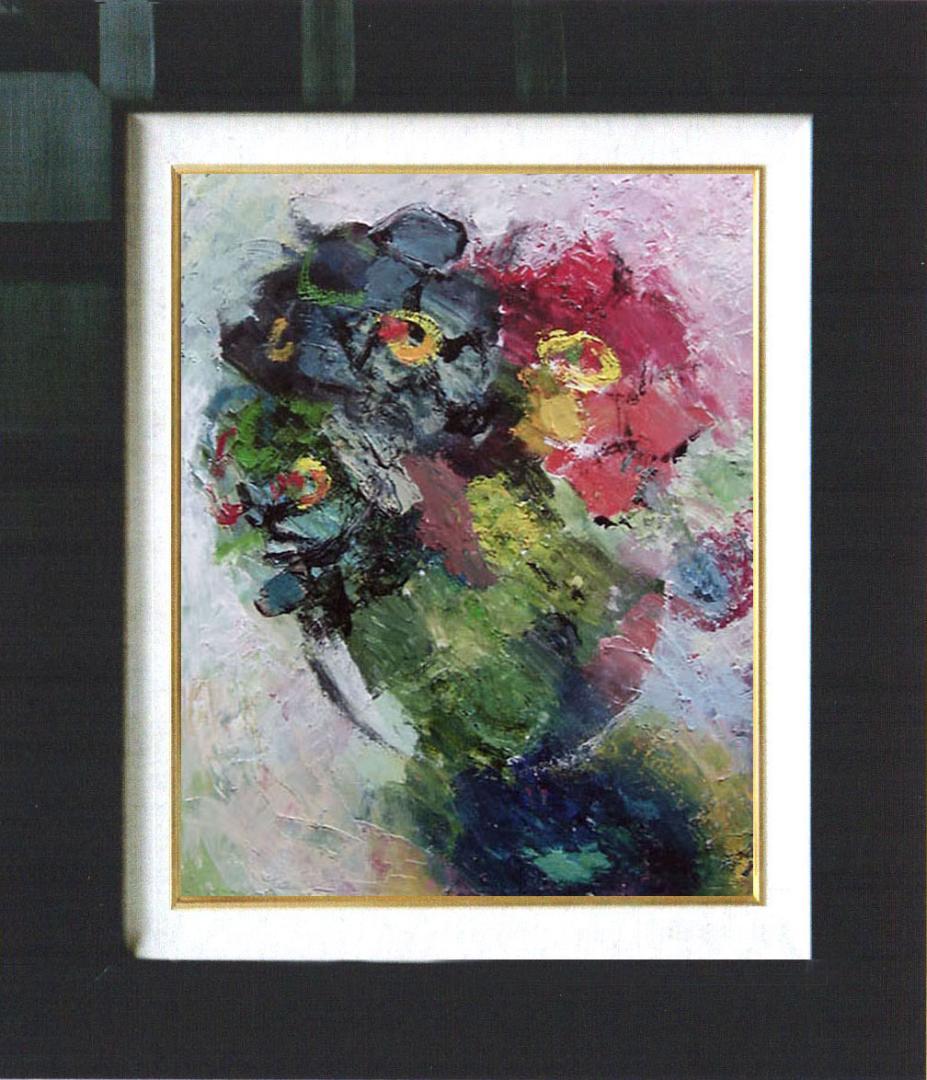 油絵 菅家令子 絵 絵画インテリア 額付(青緑＋金色の枠)uF6-111302花
