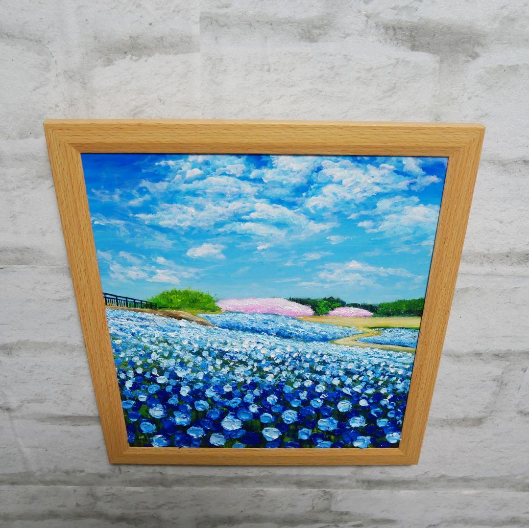 油絵 油彩 油彩画 絵 絵画 【ネモフィラと桜】