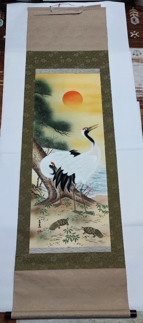縁起物 掛軸『松竹梅鶴亀』玉泉 共箱 風帯付 掛け軸