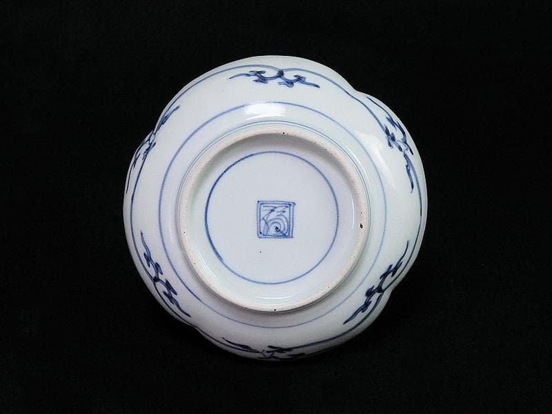 古伊万里　染付　型刷印判　木瓜型　撫子の図　江戸中期　C077AS- BMu