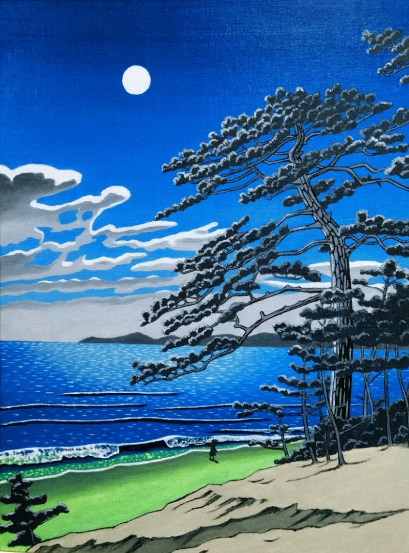 ★川瀬巴水(二宮海岸)模写・谷村一男肉筆油彩画・F6・新品額付き