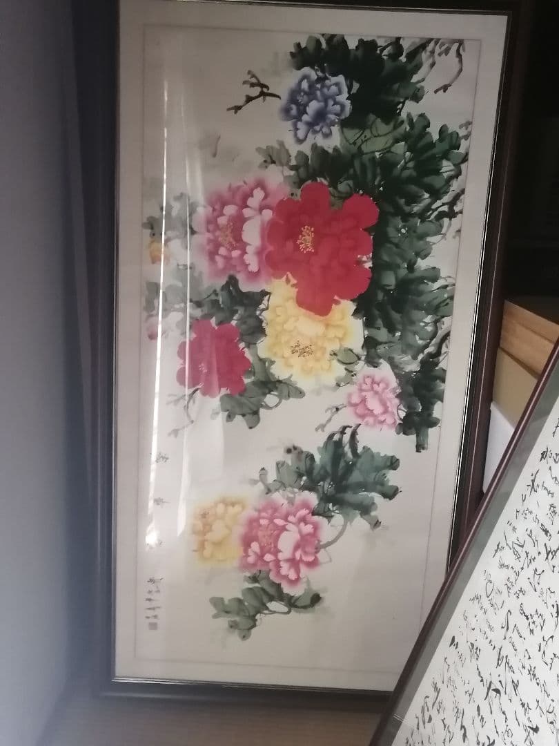 花の絵画 木製フレーム　大きな絵　中国の画家だと思います。