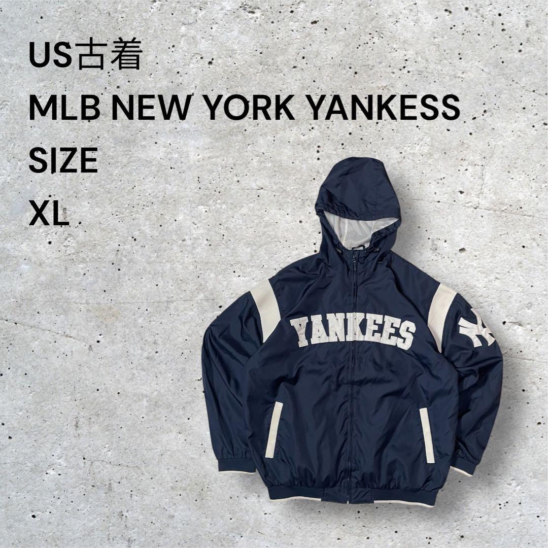 MLB公式ニューヨークヤンキースフード付きナイロンジャケットY2K XLネイビー