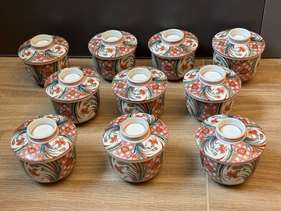 1501 九谷焼　錦絵文　蒸茶碗　10客