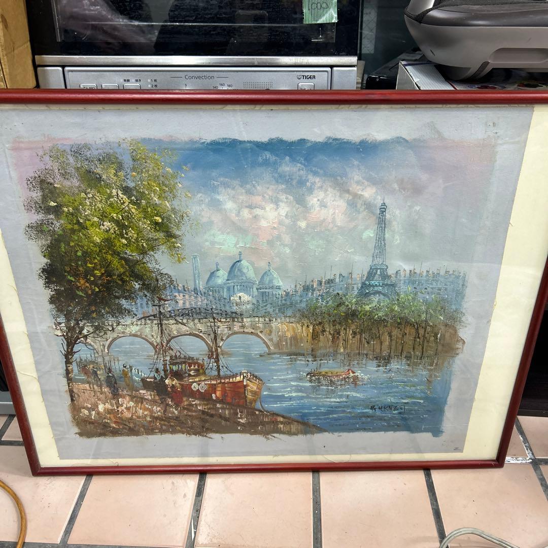 作者不詳 パリの風景 エッフェル塔とノートルダム大聖堂 額付 絵画 インテリア