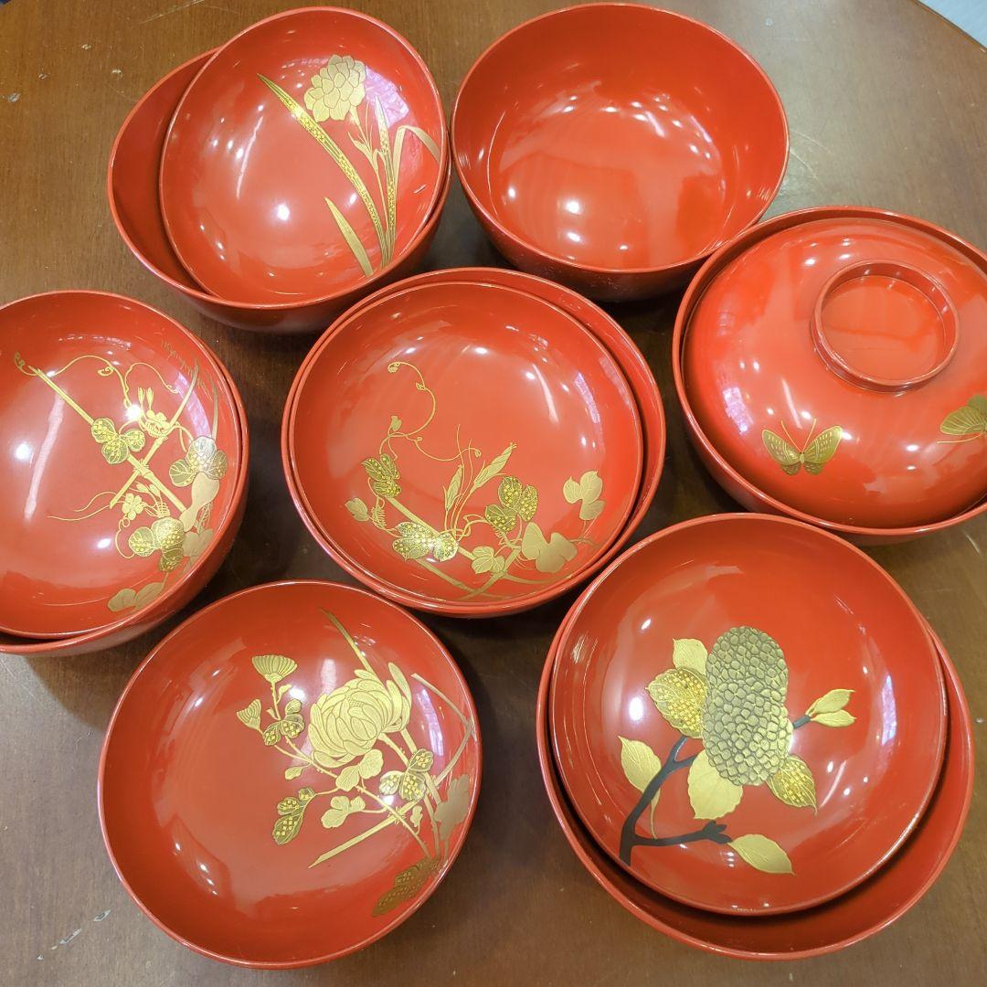 骨董　お椀　木製漆器　蒔絵　図変わり　花尽くし　蓋付き　6客