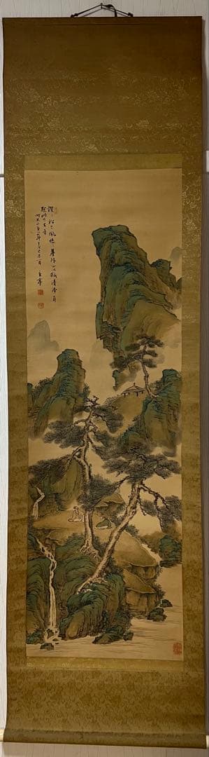掛軸　諏訪部直亭［青緑山水人物の図］絹本　信州の画家　木箱無！