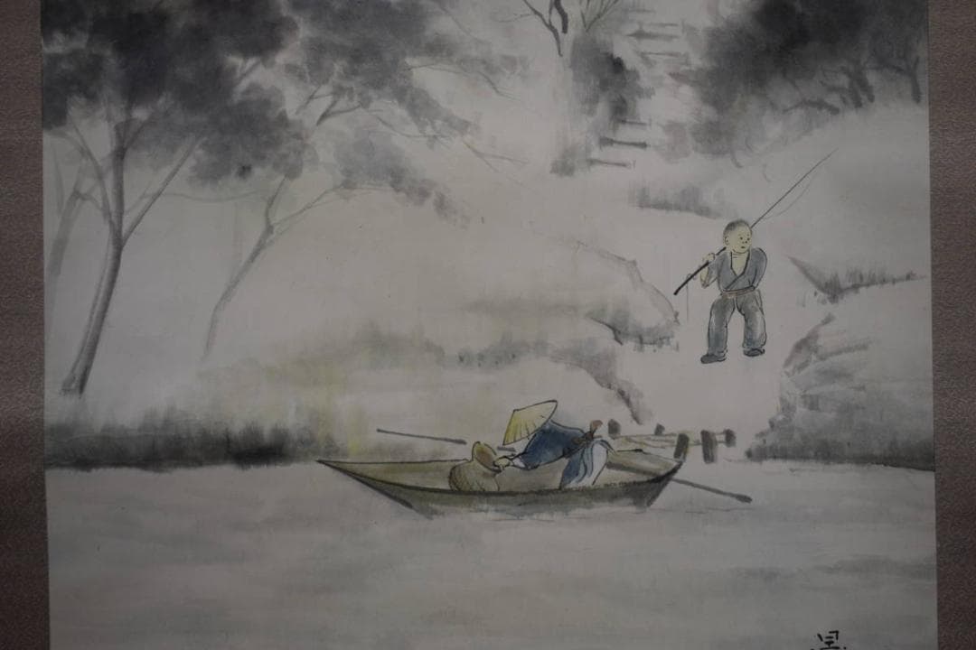 真作/沼田晏宏/行人釣船/桐共箱付/布袋屋掛軸HG-472