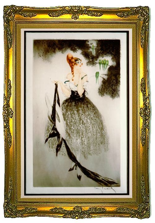 絵画 (仏美術品) エッチング：Blue Parakeet (青い小鳥•インコ)