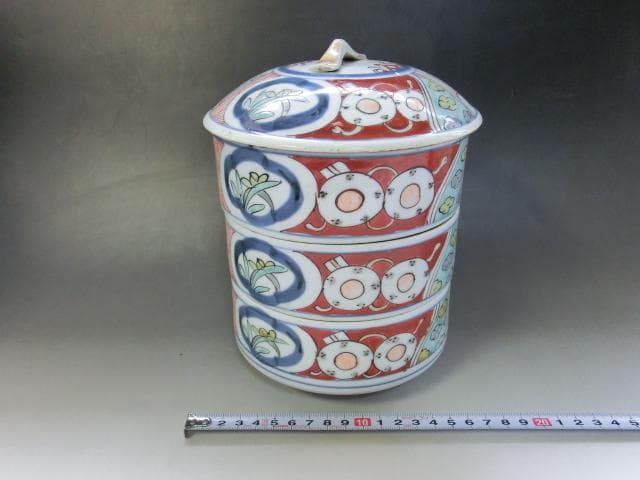 鉢■三段重鉢 赤絵 窓菖蒲 唐草紋 陶器 お重 古美術 時代物 骨董品■