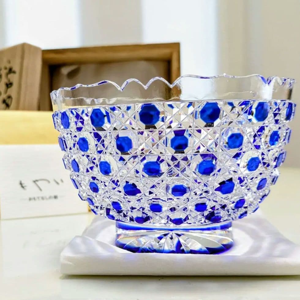 江戸切子　堀口硝子　籠目紋様　向付鉢　✿最高級品✿　【 未使用・美品 】