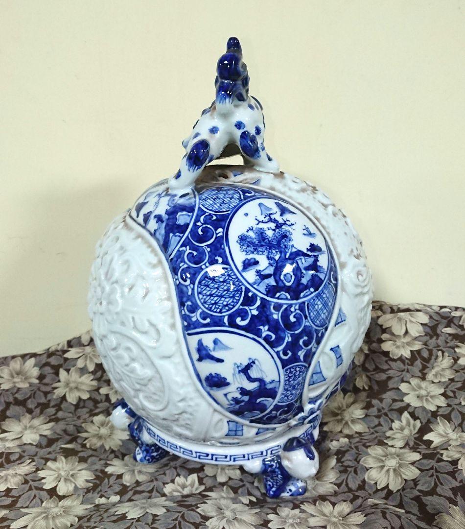 稀少 在銘 陶器製 中国 五良大甫呉祥瑞造 染付 獅子 香炉 高さ20.5cm