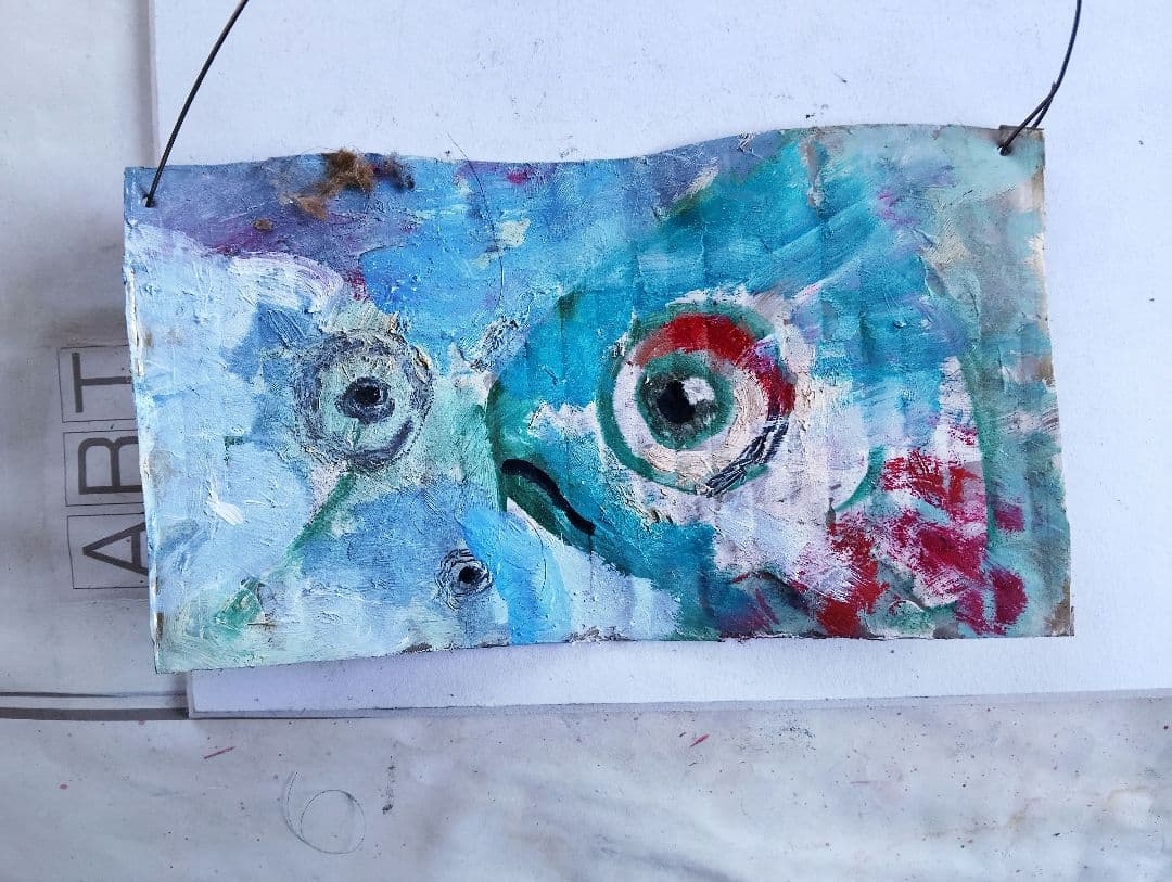 抽象魚 油彩画