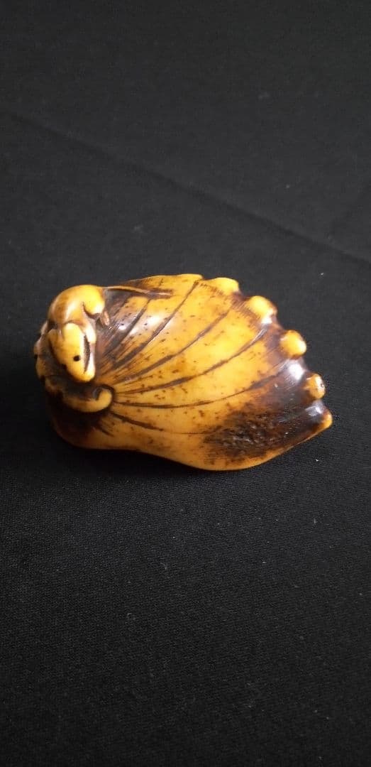 骨董時代提げ物、根付け鼠鮑の縁起物彫刻 約6cm