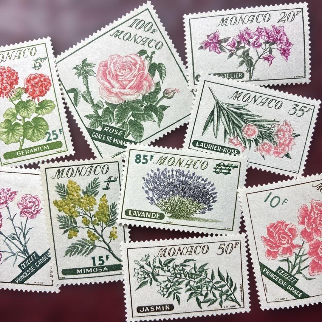 76925セール現品限　裏面小難有外国切手　モナコ発行植物9種揃凹版花