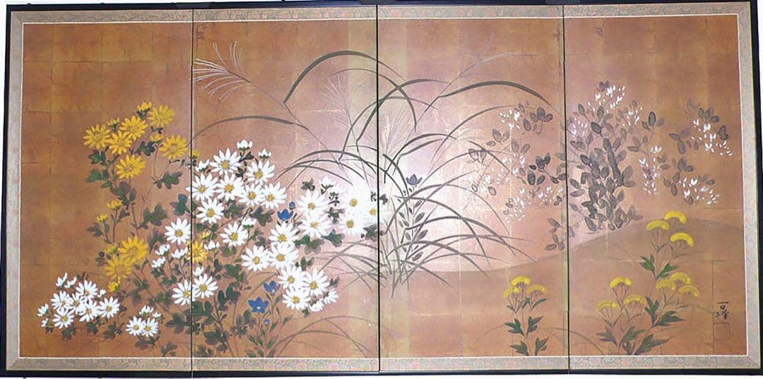 四つ折り屏風　日本画　金箔彩色　秋草