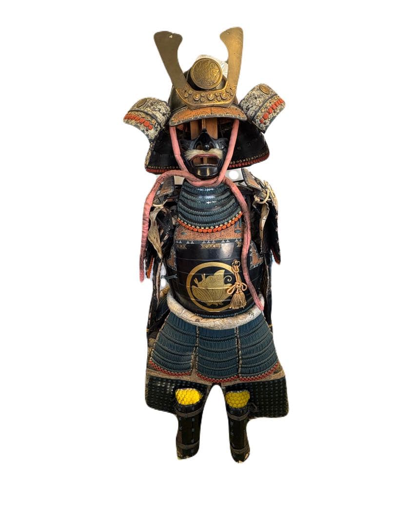 け*屋様 日本美術 時代甲冑 等身大 家紋入 丸に揚羽蝶 鎧兜 一式 面頬 鎧櫃