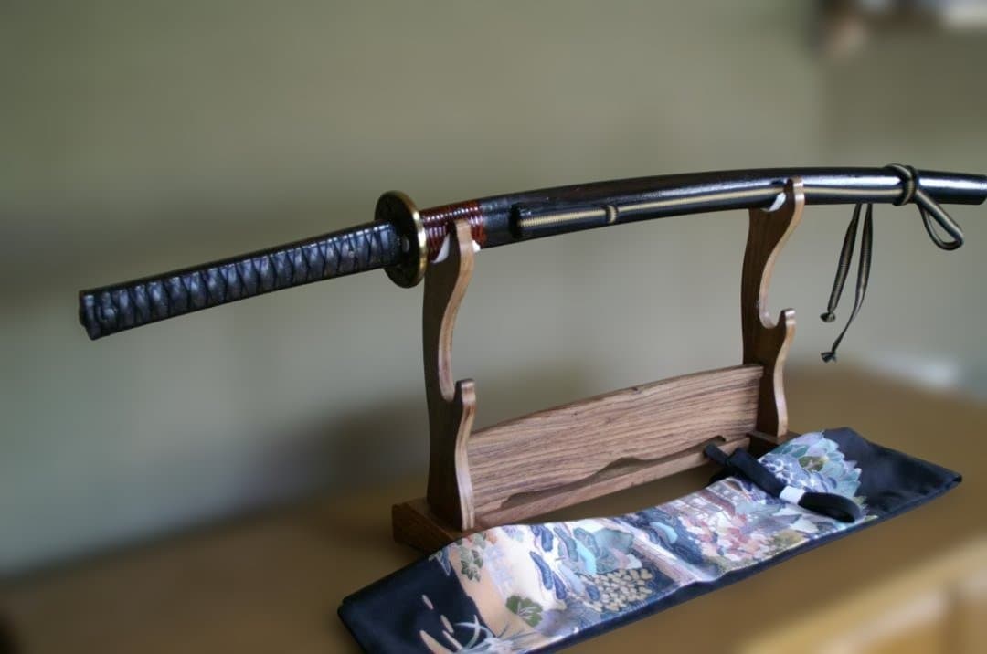 模擬刀　 黒革巻柄　腰藤巻　変わり塗鞘　７１.５cm