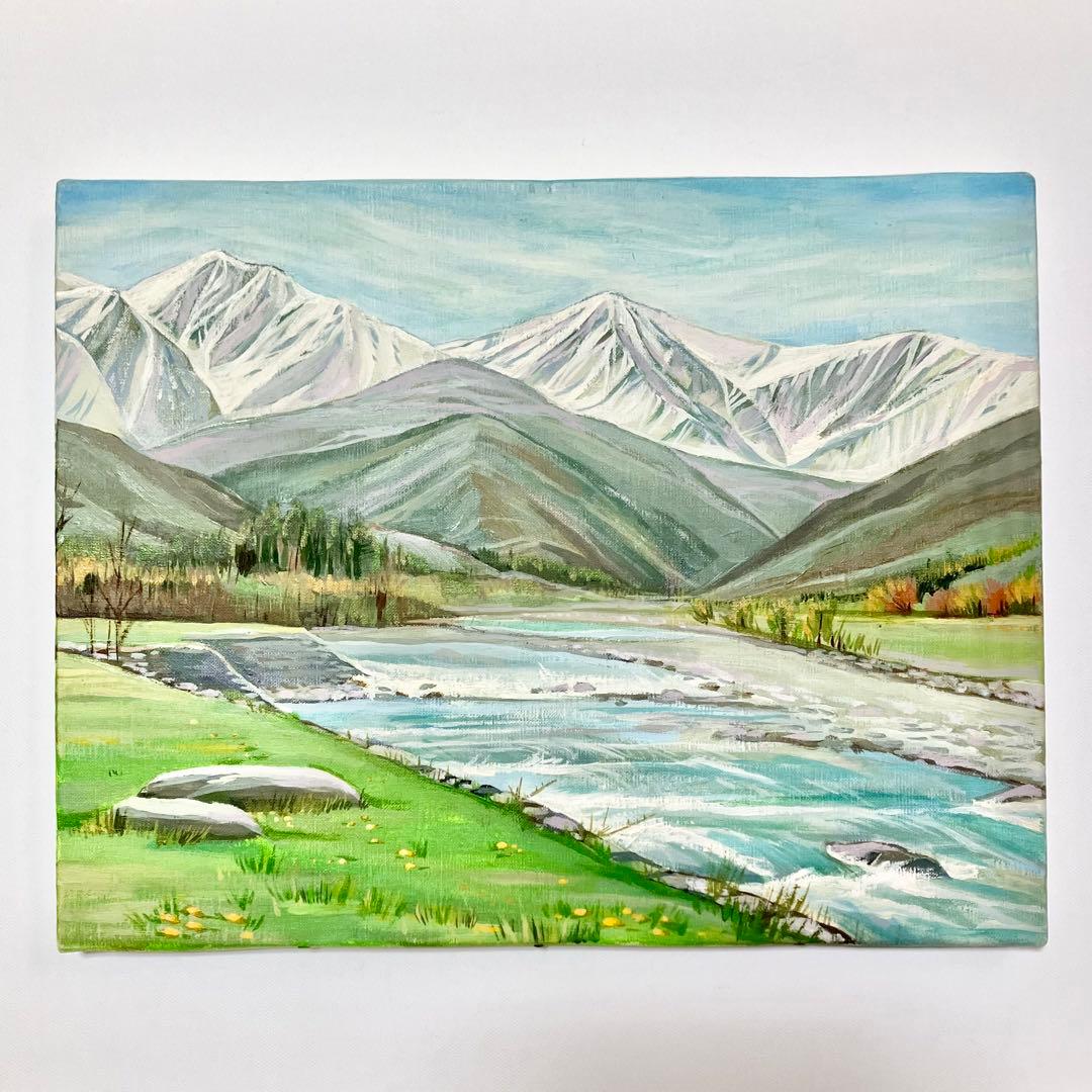 油彩画 :雪解けの春　山と川の風景＊絵画　原画　油絵　風景画　冬
