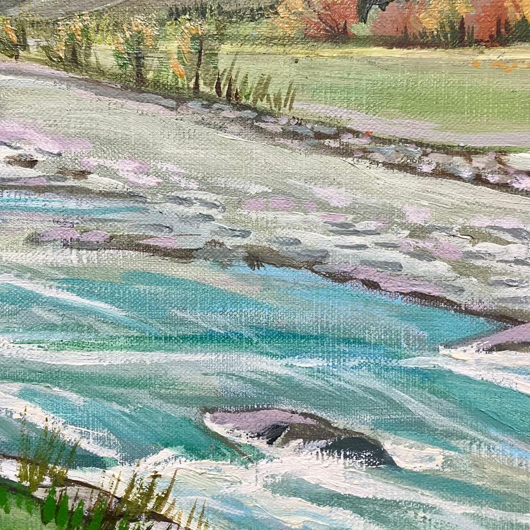 油彩画 :雪解けの春　山と川の風景＊絵画　原画　油絵　風景画　冬