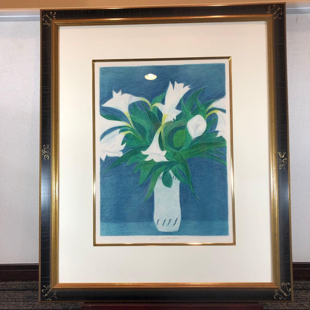 ボンコンパン　「百合の花束」 リトグラフ　作家直筆サイン入り　額縁付絵画　美品