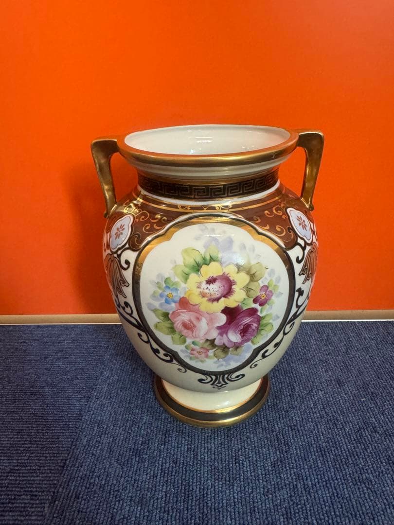 1842 オールドノリタケ　双耳花紋花瓶  時代物