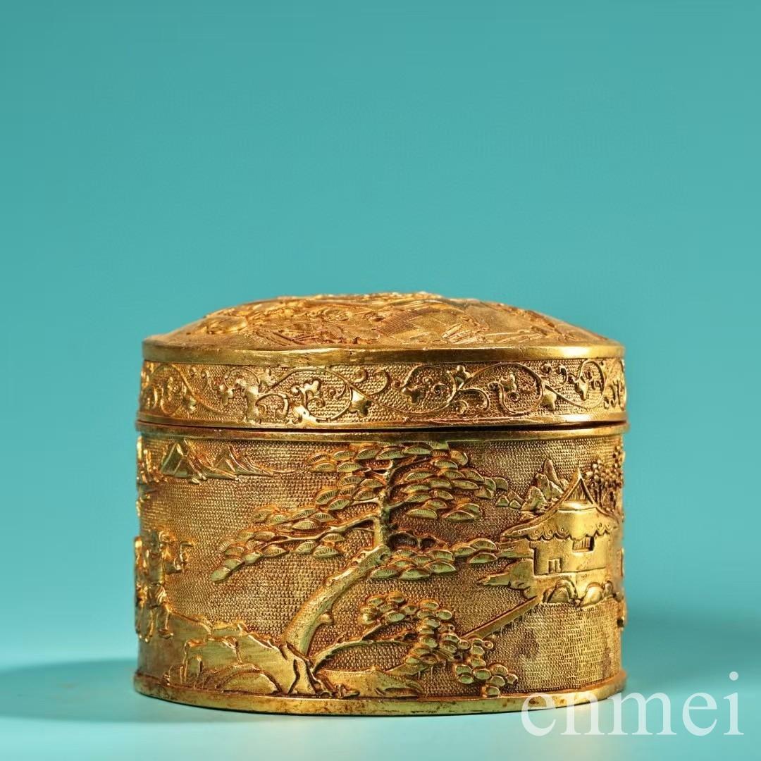 中国古美術・珍品旧蔵の高浮彫鎏金錾彫刻花「百子図」・装飾箱・果物箱・文房・純銅製