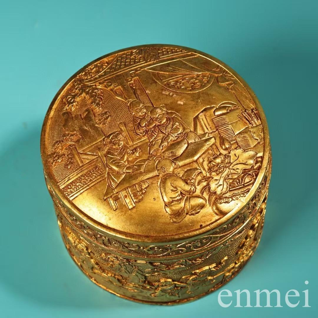 中国古美術・珍品旧蔵の高浮彫鎏金錾彫刻花「百子図」・装飾箱・果物箱・文房・純銅製