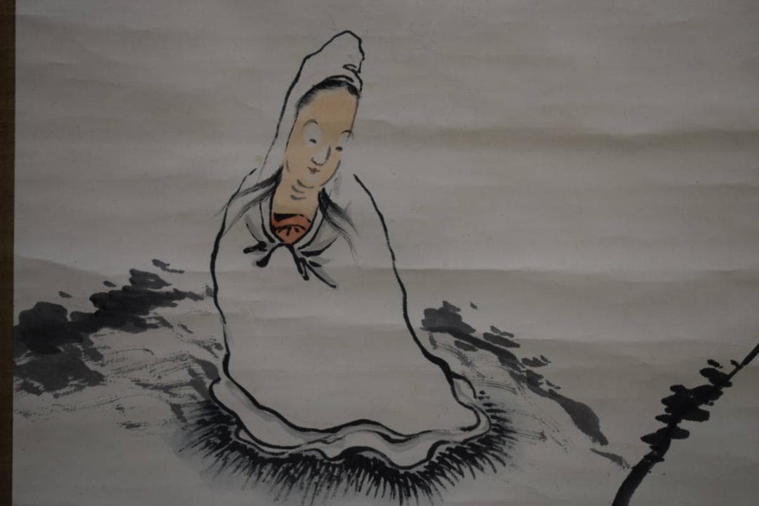 真作/田近竹邨/岩上白衣観音図/河野秋邨の桐極箱付/布袋屋掛軸HG-418