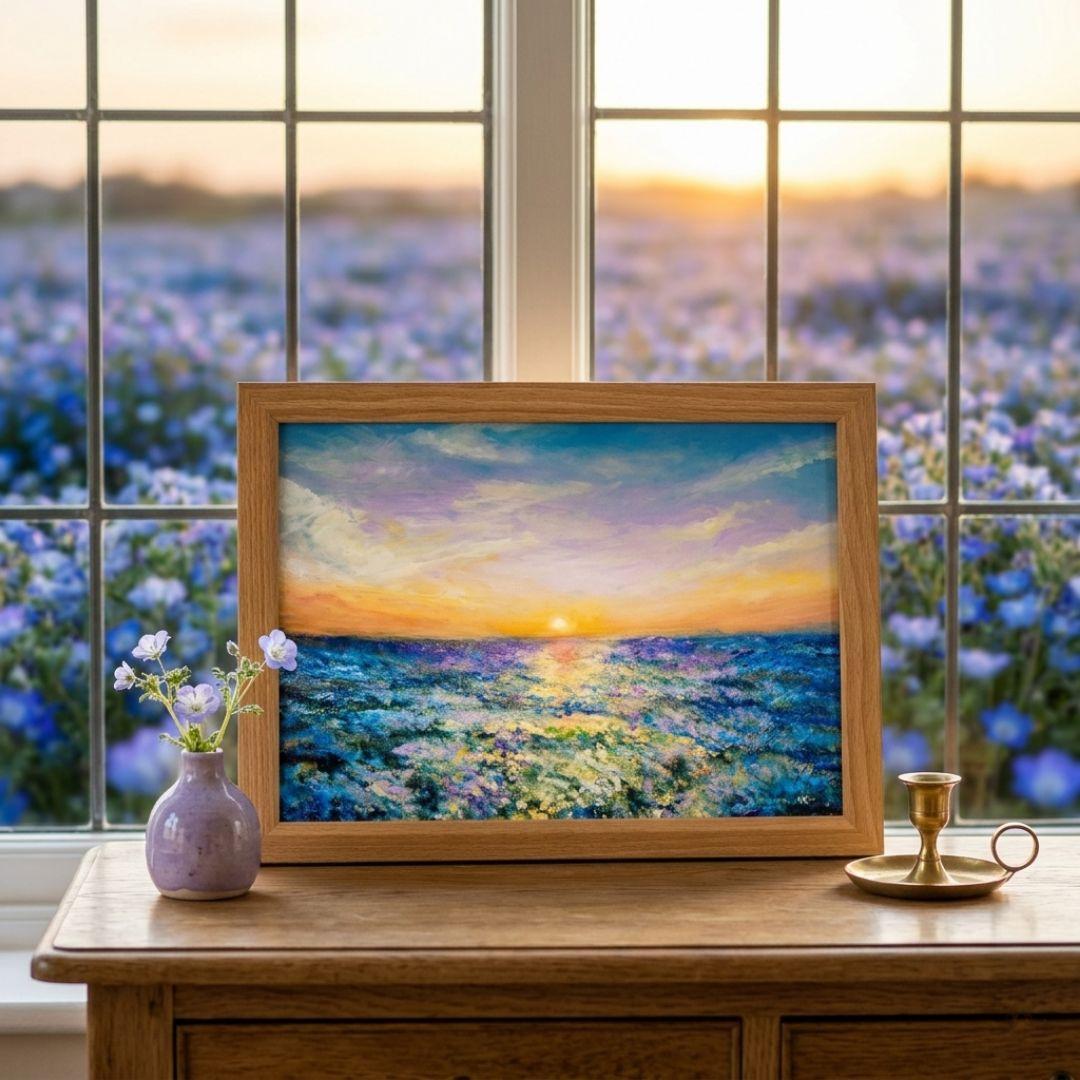 油絵 油彩 油彩画 絵 絵画【夕日に輝くネモフィラ】
