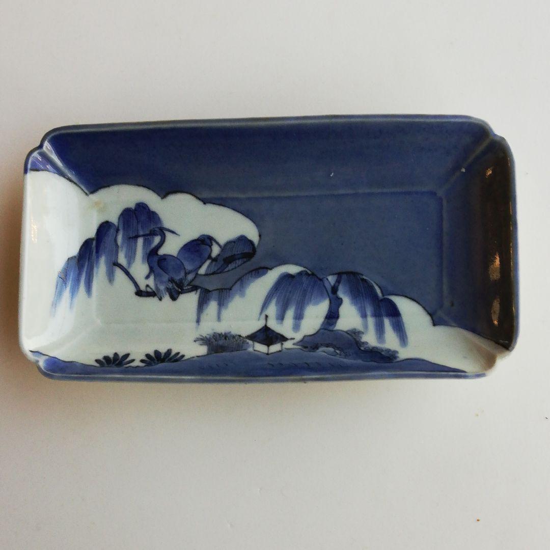 骨董品　藍九谷角皿鷺文