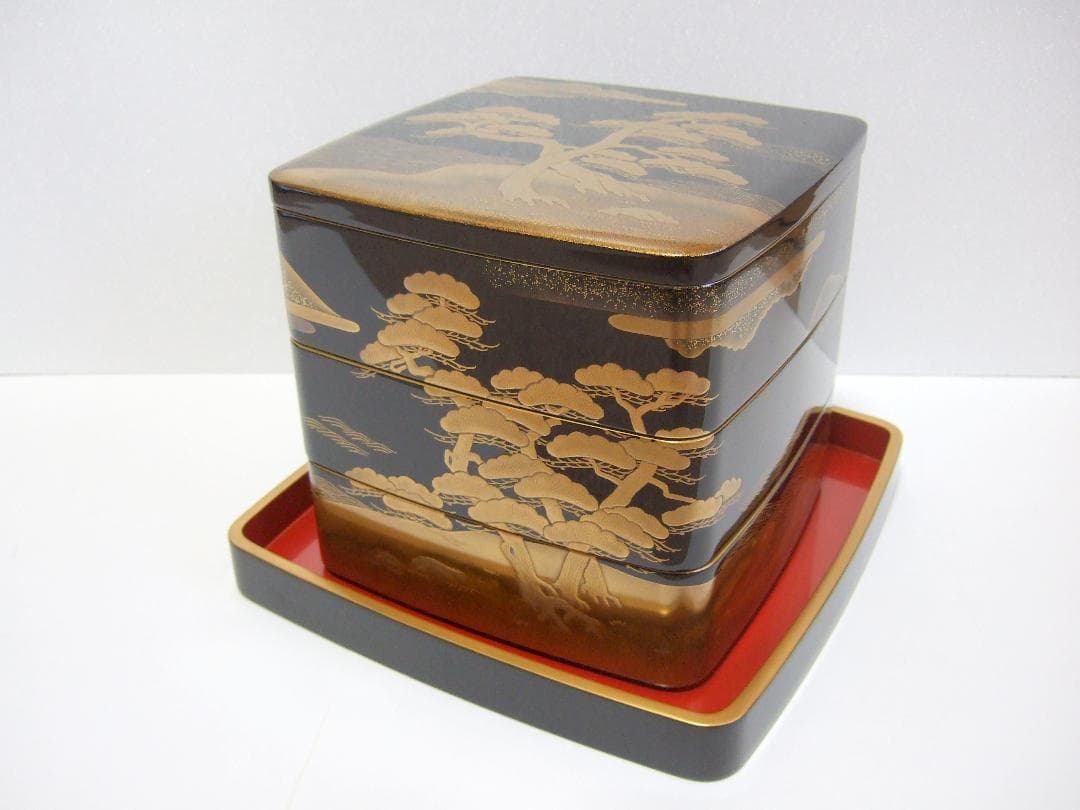 【未使用】輪島塗 池端漆香堂 わじま龍作 本金高蒔絵 三段重 重箱