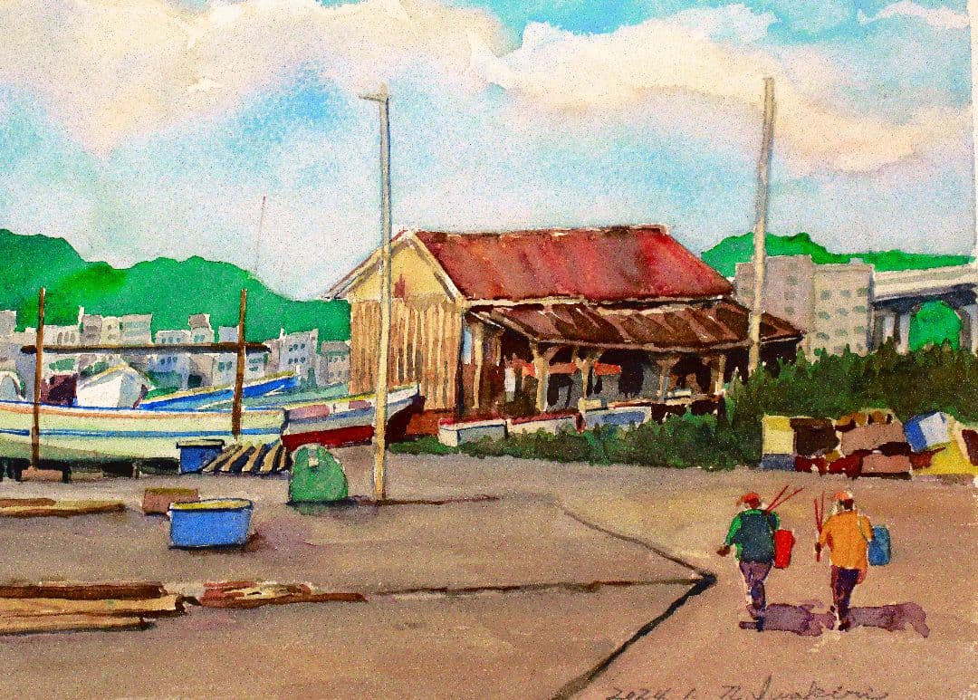水彩画 港の風景 2022年作 額装済み F6サイズ
