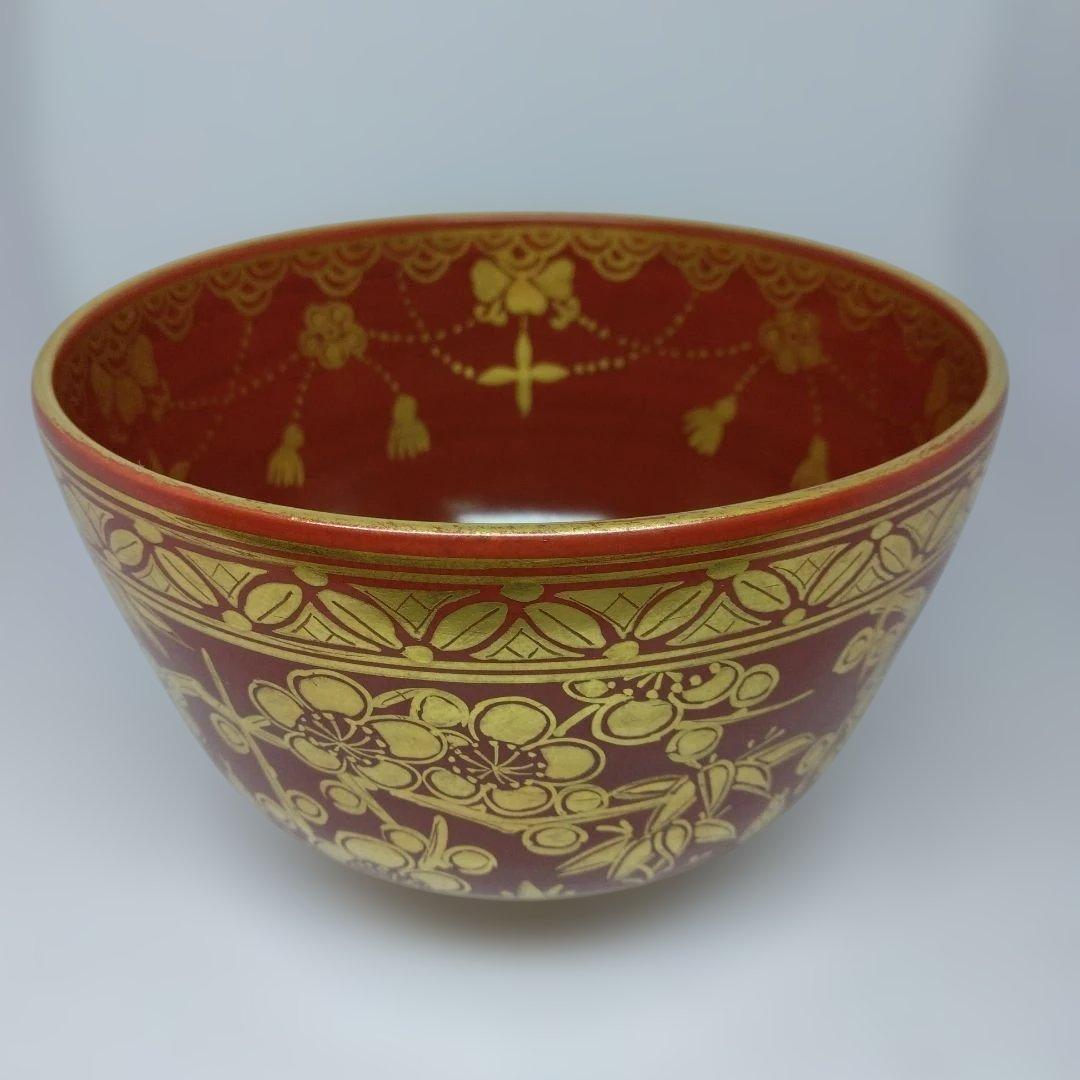 鳴滝窯 城岳造 仁清金襴松竹梅文 瓔珞紋 抹茶茶碗 共箱 共布 茶道具