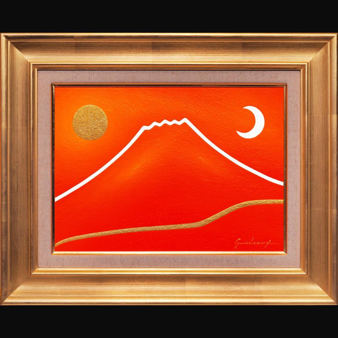 原画●『朱に染まる赤富士』●がんどうあつし油絵画●F4号額縁付富士山真作作者直接