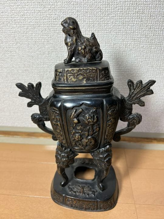 476 銅製　高足獅子香炉　時代物