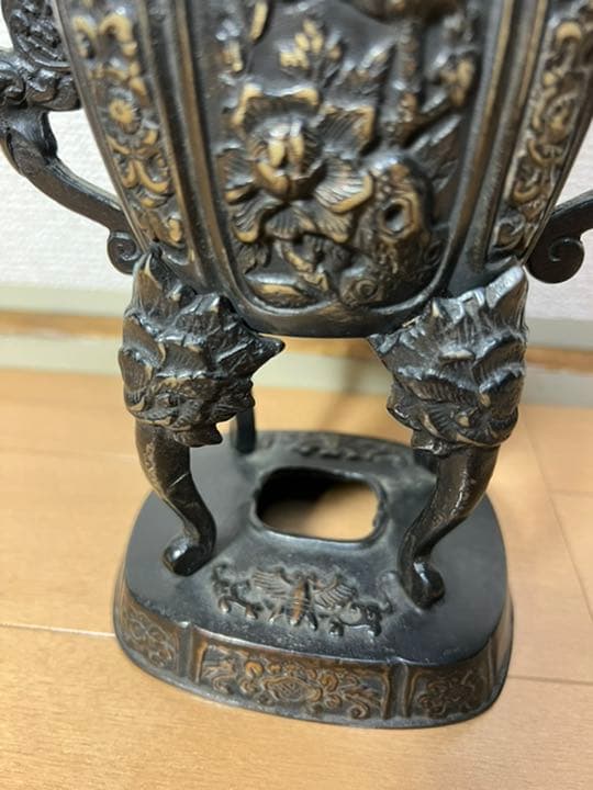 476 銅製　高足獅子香炉　時代物