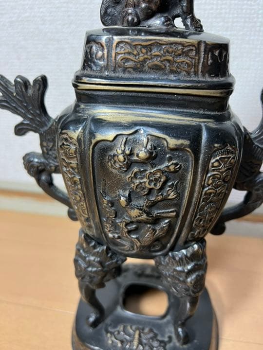 476 銅製　高足獅子香炉　時代物