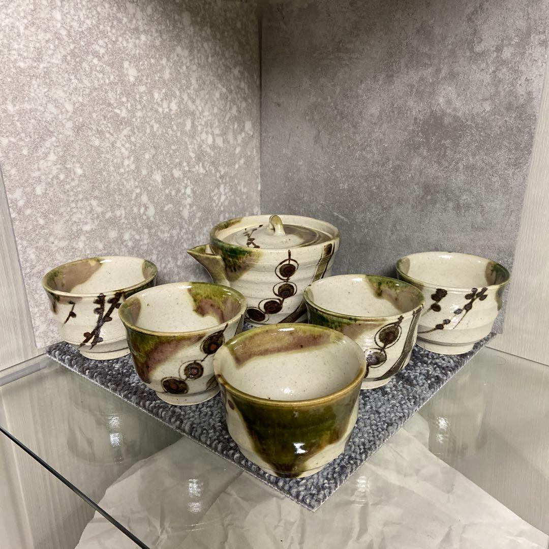 美濃焼　織部　作家物　陶印　茶器セット　煎茶揃い　宝瓶　湯呑